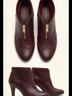 Tommy Hilfiger Burgundy Leather Ankle Boots with Gold Zip - Size 8M